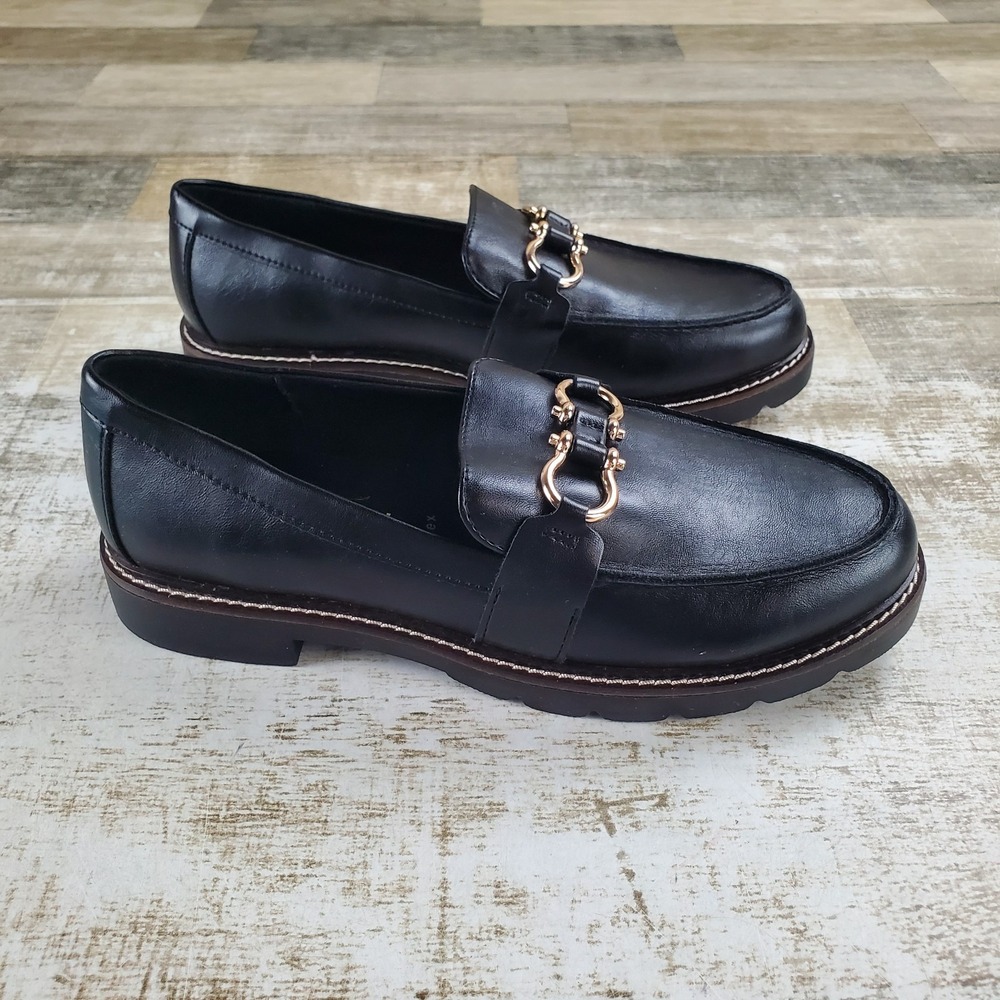 Anne Klein Ezra Womens Loafer Shoe Sz 7.5 M Black Comfort Slip On Almond Moc Toe